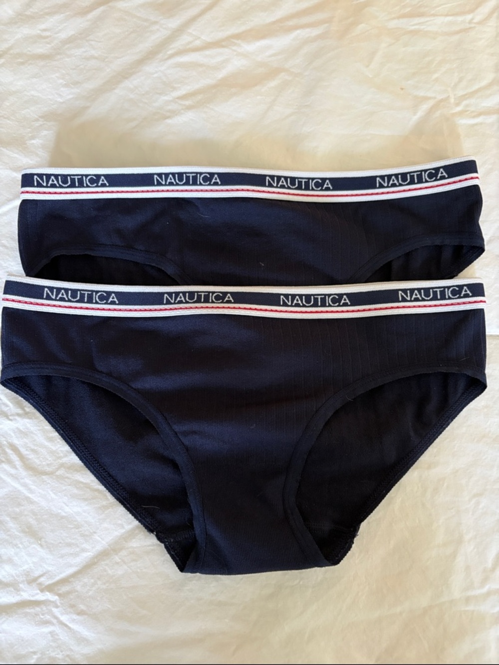 NWOT Nautica Navy Ribbed Bikini Briefs with Navy/White/Red Logo Waistband - Pair